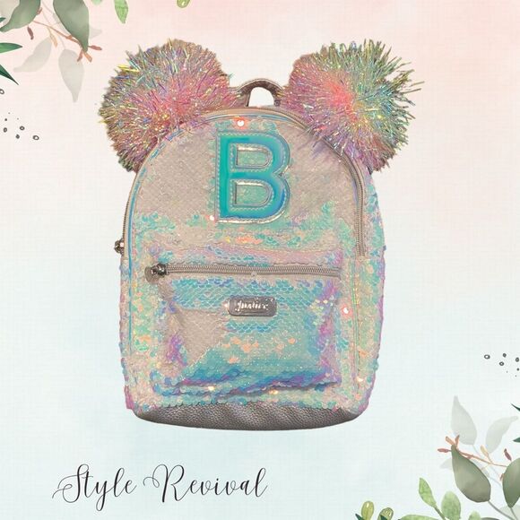 Justice “B” Initial Flip Sequin Pom Pom Adjustable Mini Backpack Bag - NWOT - Picture 10 of 11